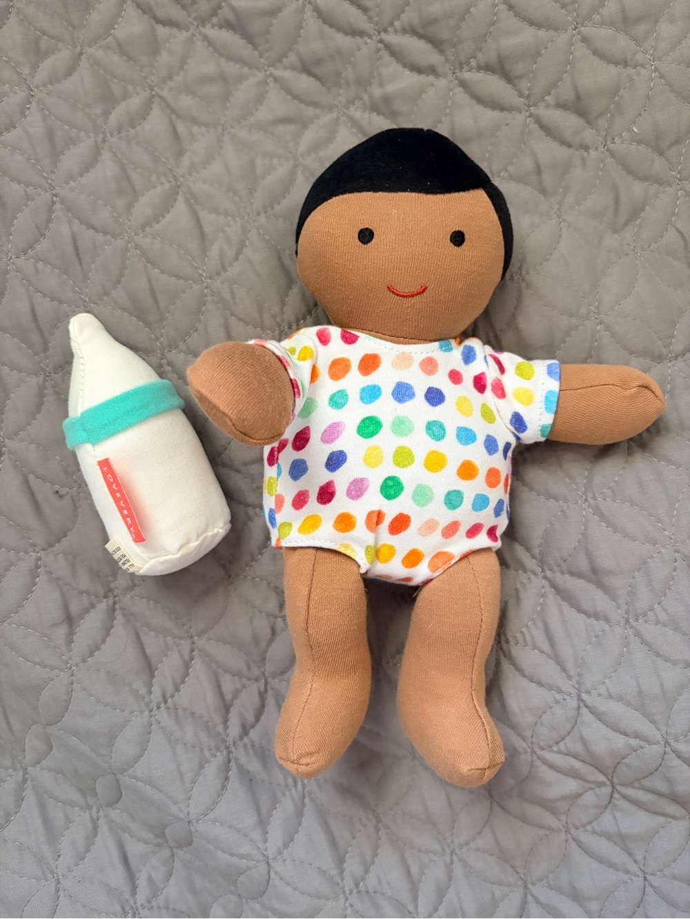 LOVEVERY Organic Cotton Polka Dot Baby Doll with Bottle | Brand New Never Used